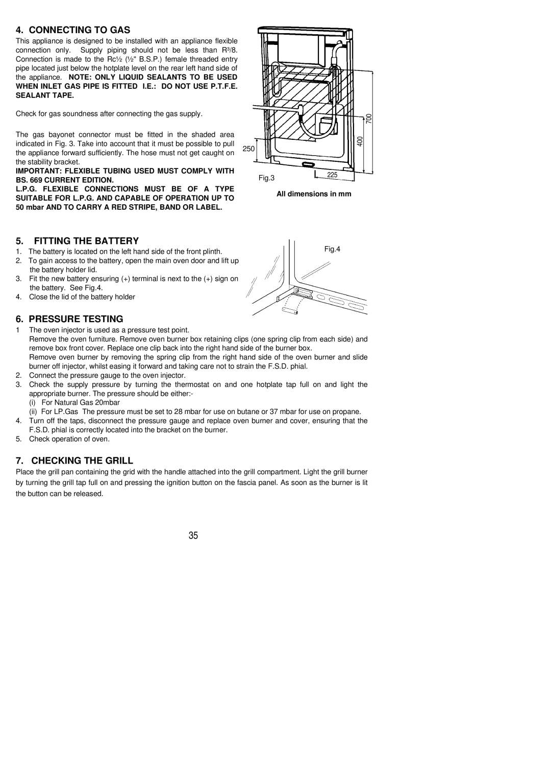 Electrolux R G 5 0 M installation instructions Connecting to GAS, Fitting the Battery, Pressure Testing, Checking the Grill 