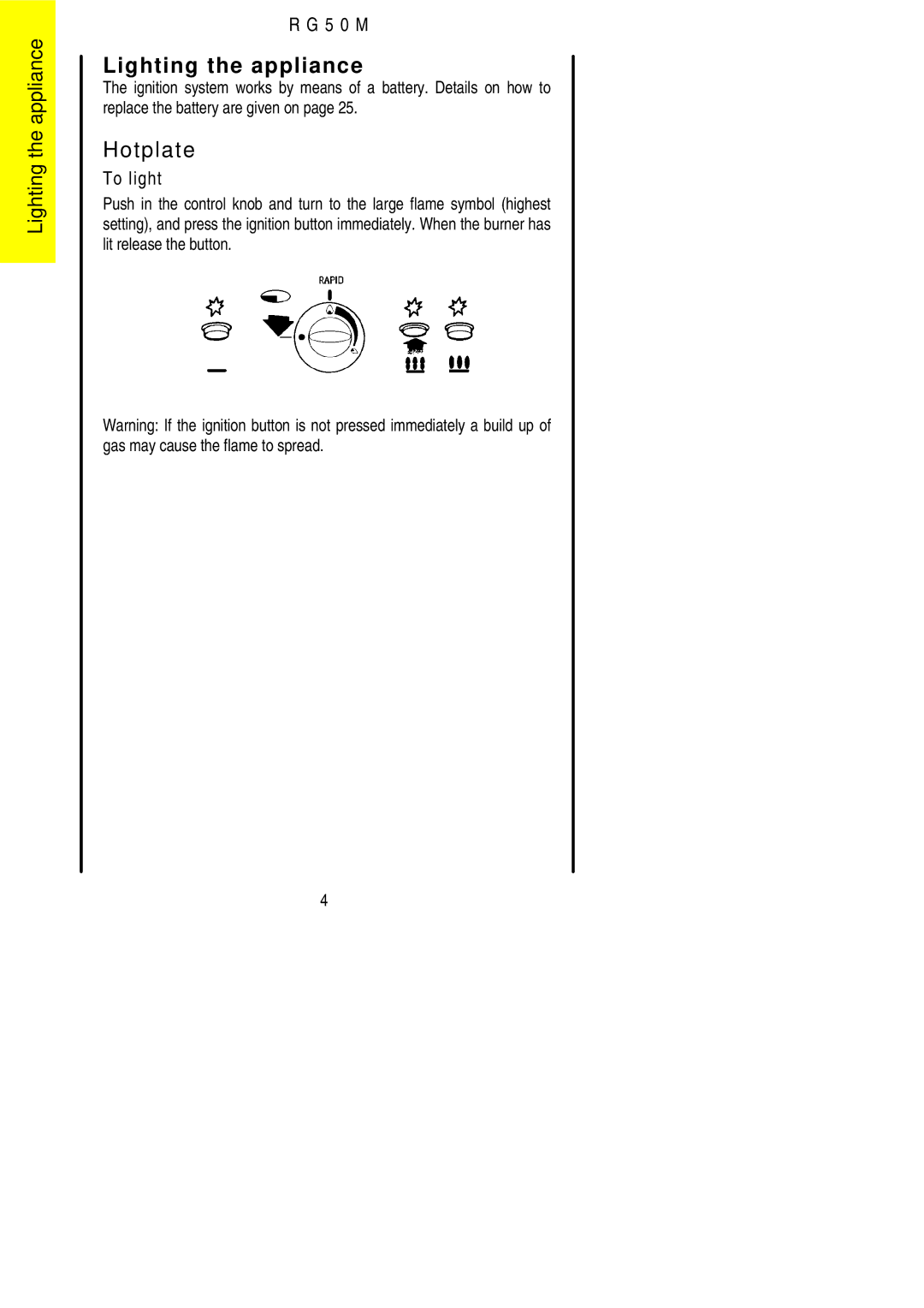 Electrolux R G 5 0 M installation instructions Lighting the appliance, Hotplate 