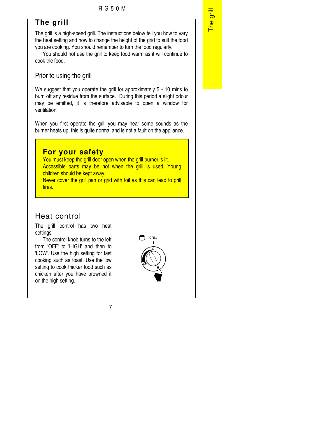 Electrolux R G 5 0 M Prior to using the grill, Heat control, Grill control has two heat settings 