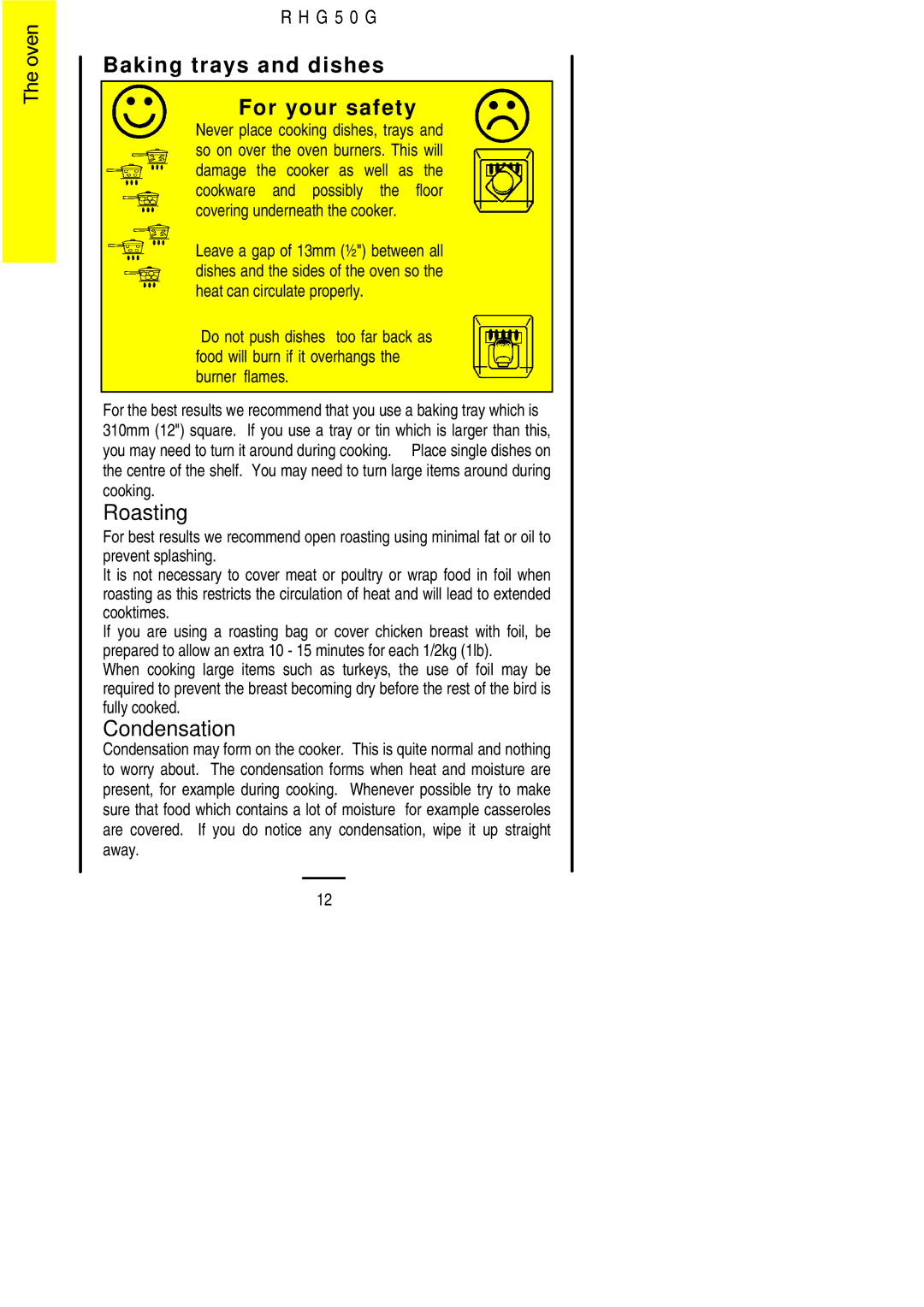 Electrolux R H G 5 0 G installation instructions Baking trays and dishes For your safety, Roasting, Condensation 