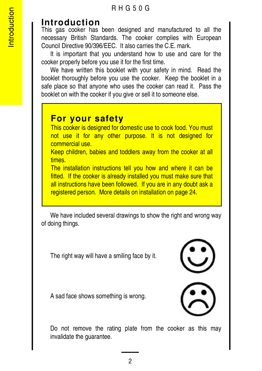 Electrolux R H G 5 0 G installation instructions Introduction, For your safety 