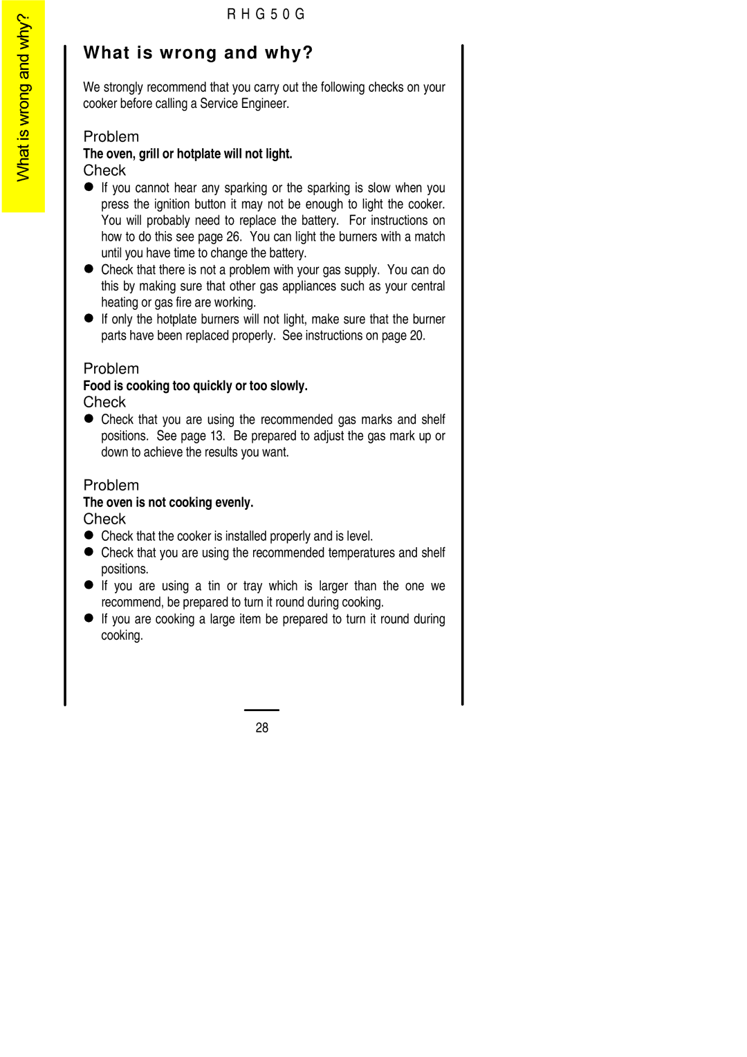 Electrolux R H G 5 0 G installation instructions What is wrong and why?, Problem, LCheck 