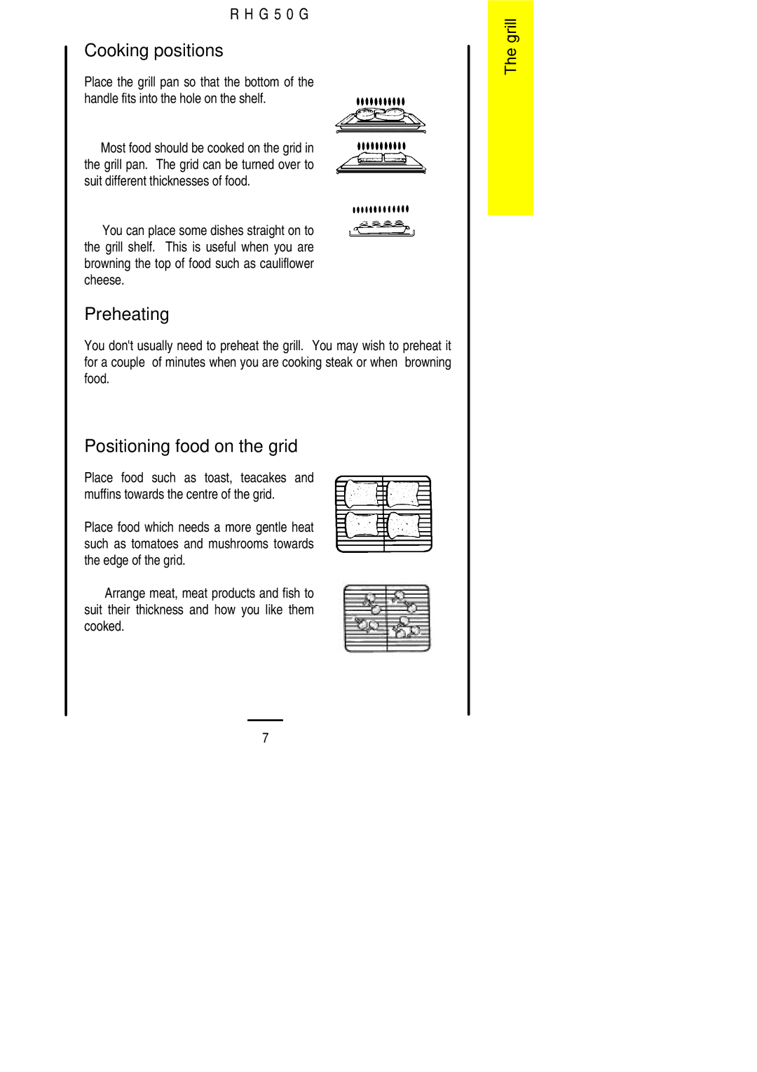 Electrolux R H G 5 0 G installation instructions Cooking positions, Preheating, Positioning food on the grid 