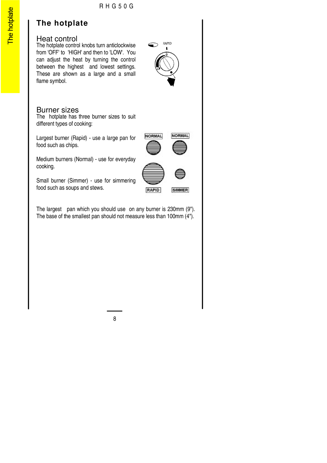 Electrolux R H G 5 0 G installation instructions Hotplate, Burner sizes 