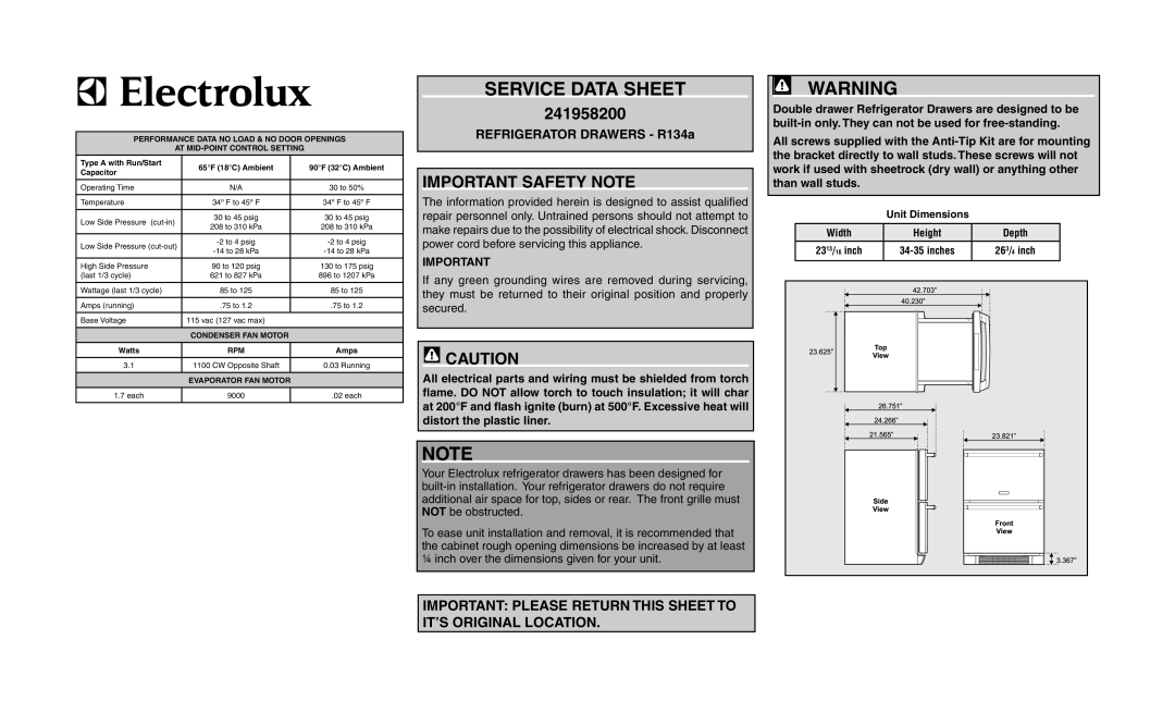 Electrolux R134A dimensions Service data sheet, 241958200, Important safety Note 