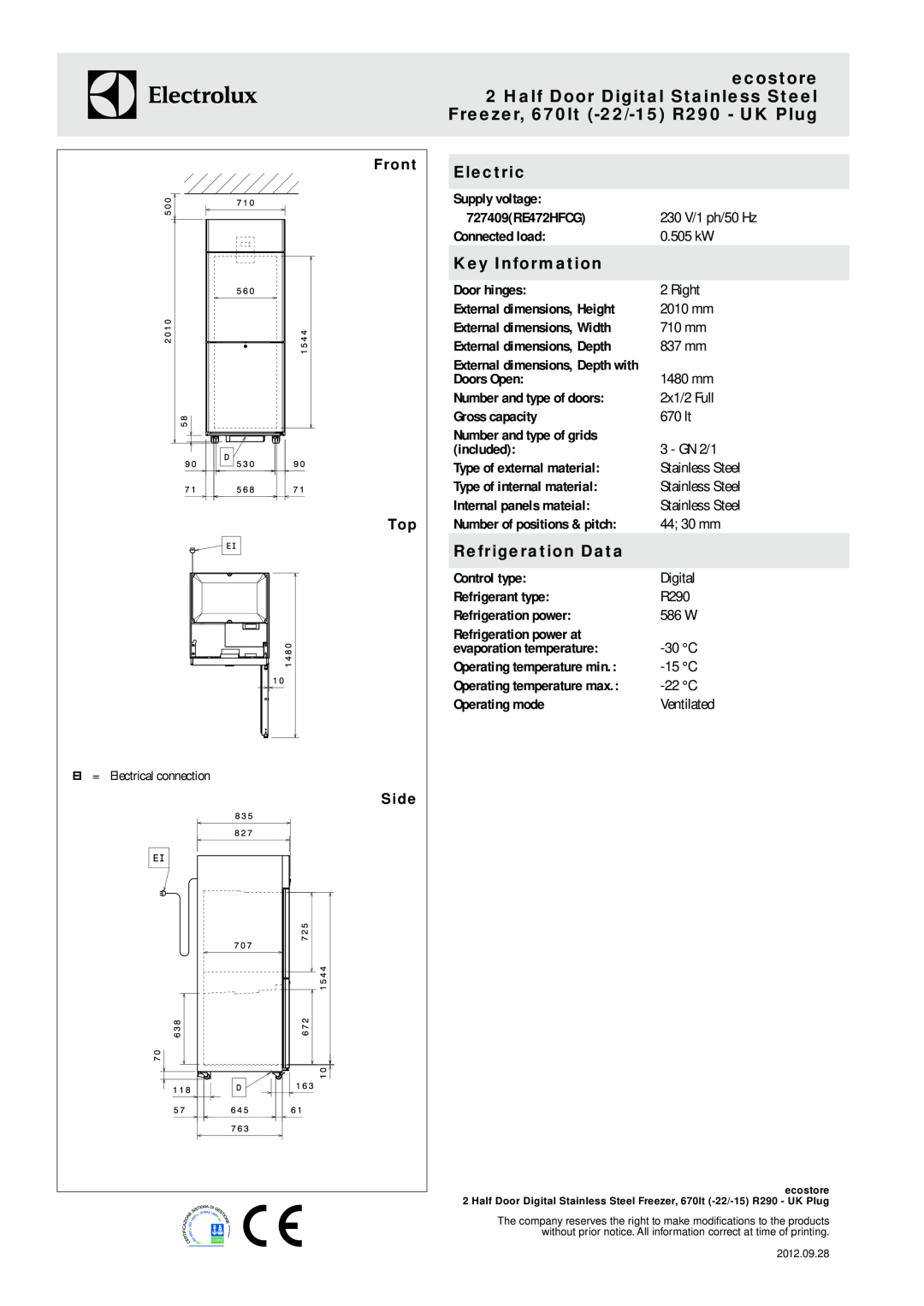 Electrolux R290 manual Electric, Key Information, Refrigeration Data, Front, Side 