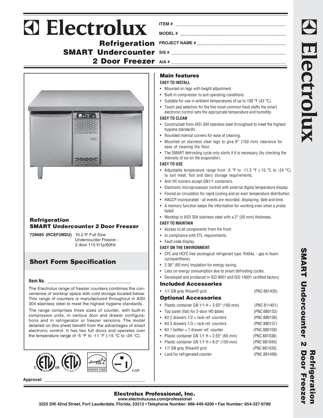 Electrolux RCEF2M2U manual Short Form Specification 