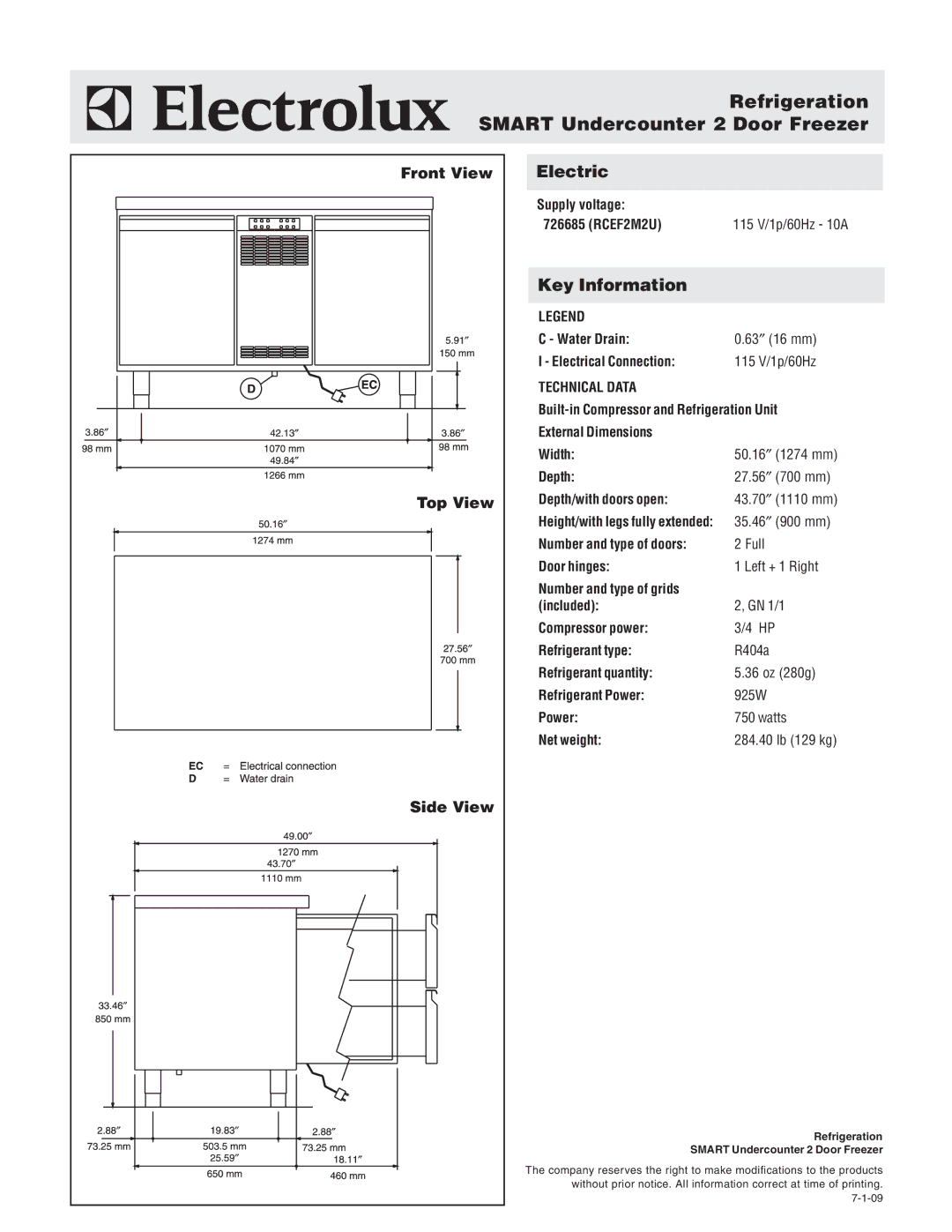 Electrolux RCEF2M2U manual Refrigeration Smart Undercounter 2 Door Freezer, Front View, Top View, Side View 