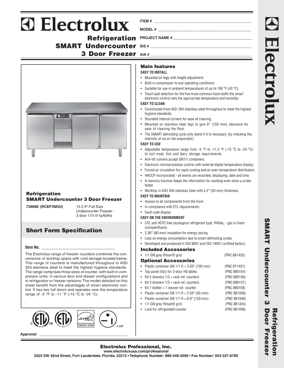 Electrolux RCEF3M3U manual Short Form Specification 