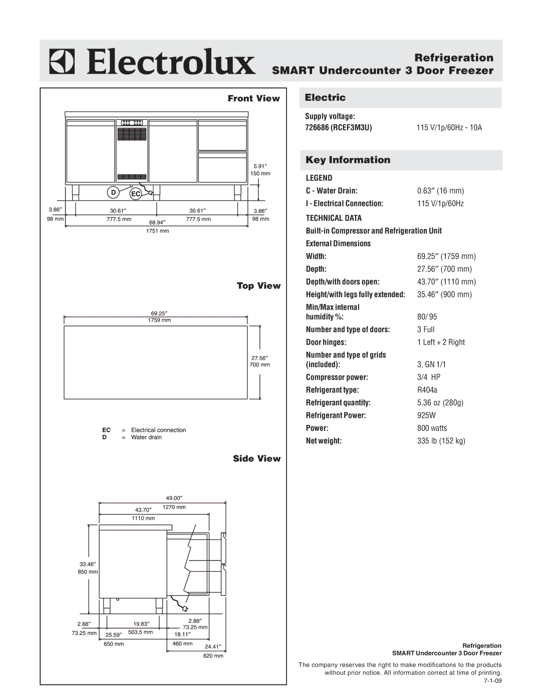 Electrolux RCEF3M3U manual Refrigeration Smart Undercounter 3 Door Freezer, Front View, Top View, Side View 