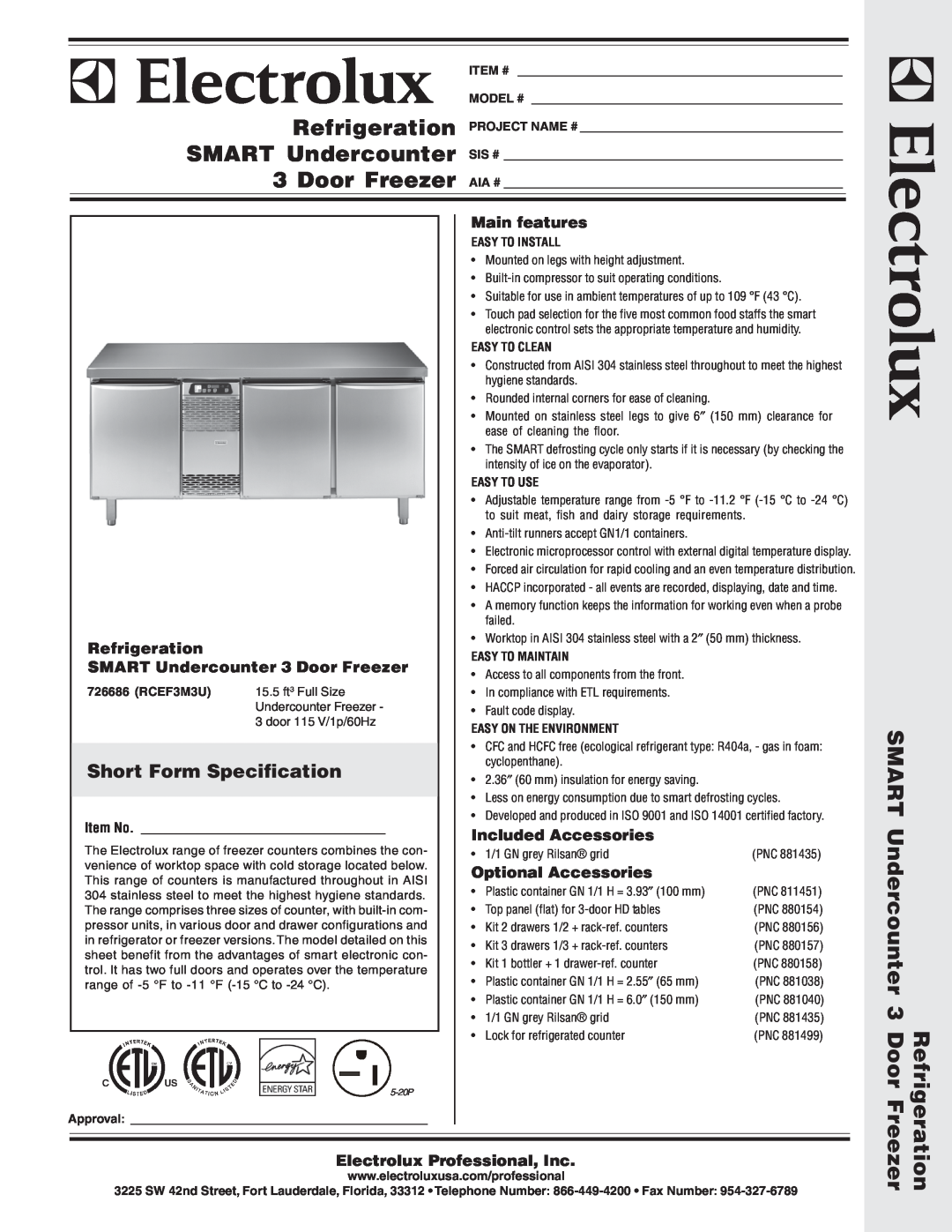 Electrolux RCEF3M3U manual Short Form Specification, Main features, Refrigeration, SMART Undercounter 3 Door Freezer 