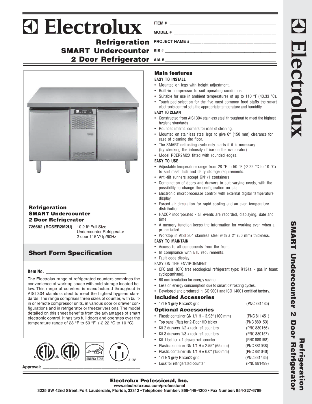 Electrolux RCER2M2X manual Refrigeration Smart Undercounter 2 Door Refrigerator, Short Form Specification 