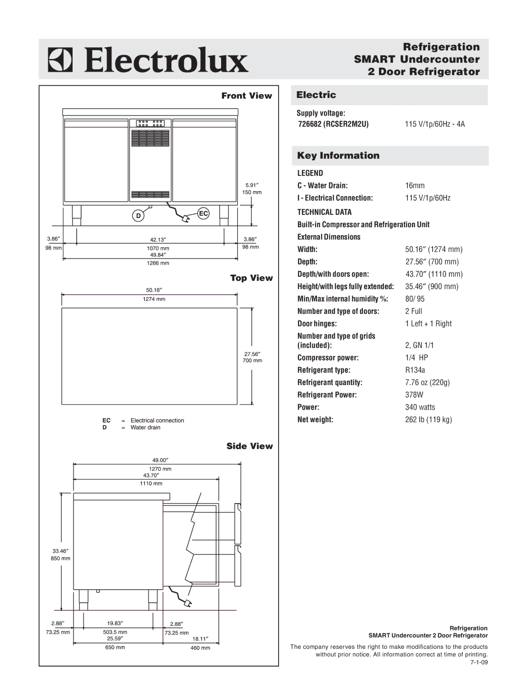 Electrolux RCSER2M2U, RCER2M2X manual Refrigeration Smart Undercounter Door Refrigerator, Front View Top View Side View 