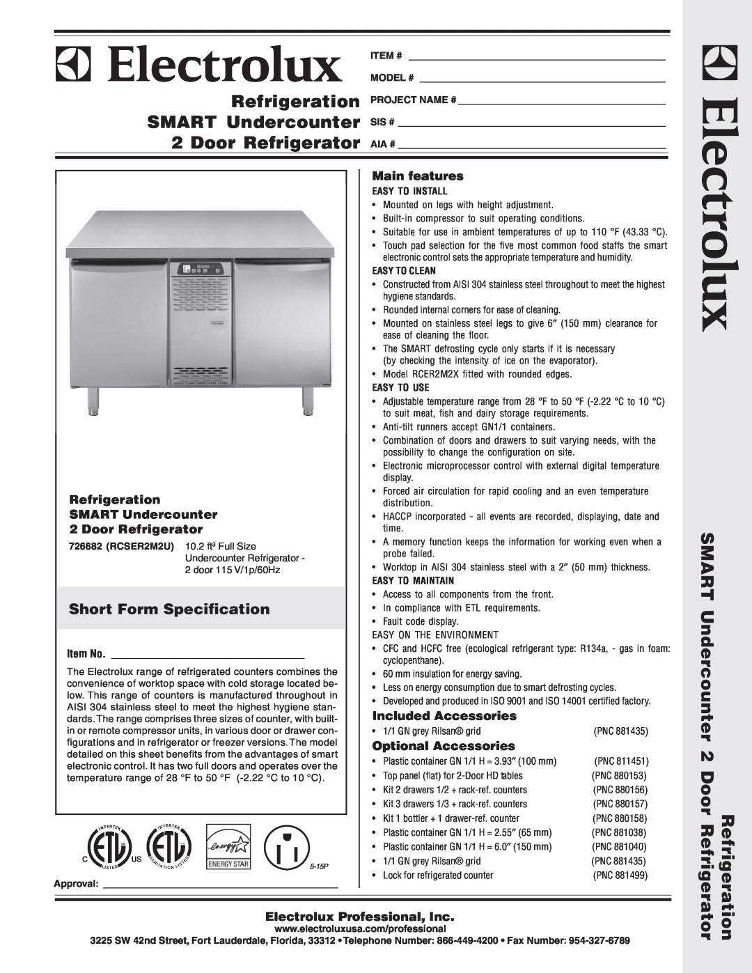 Electrolux RCER2M2X manual Short Form Specification, Main features, Refrigeration, SMART Undercounter, Door Refrigerator 