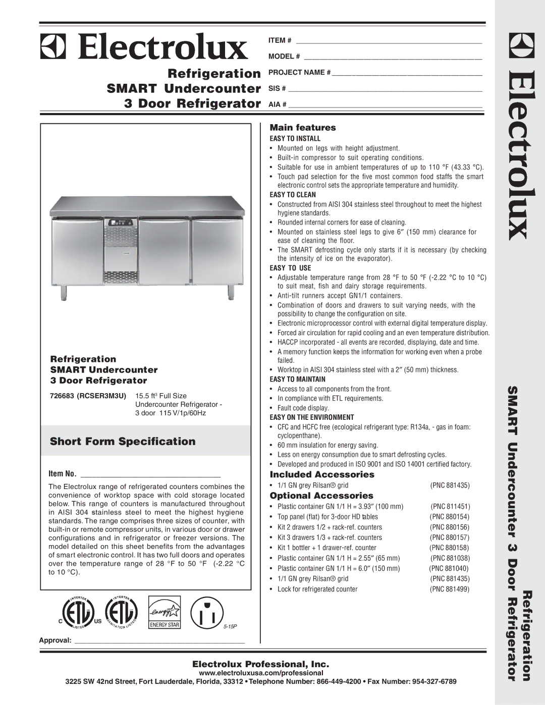 Electrolux RCSER3M3U manual Refrigeration Smart Undercounter 3 Door Refrigerator, Short Form Specification 