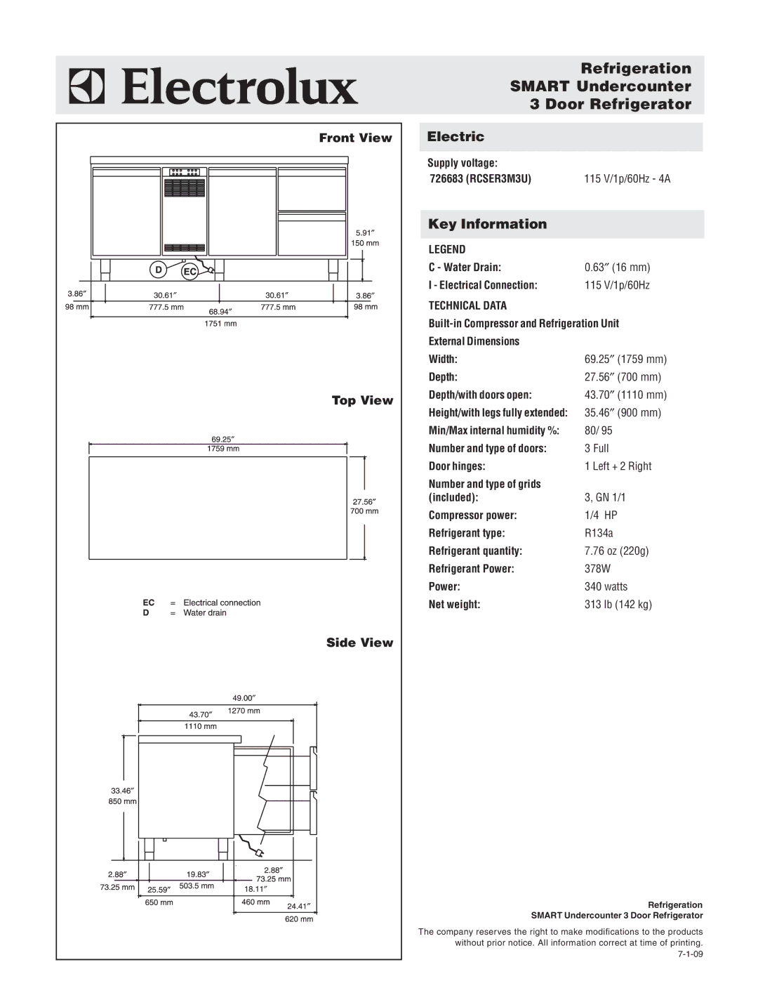 Electrolux RCSER3M3U manual Refrigeration Smart Undercounter Door Refrigerator, Front View, Top View, Side View 