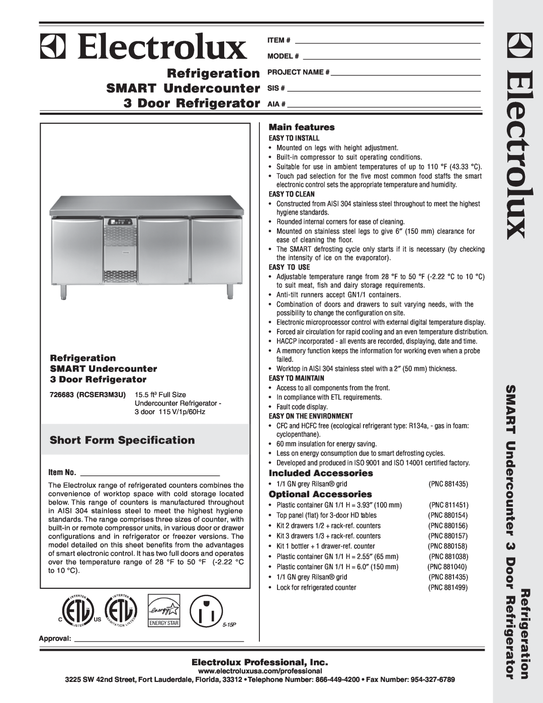 Electrolux RCSER3M3U manual Short Form Specification, Main features, Refrigeration, SMART Undercounter, Door Refrigerator 