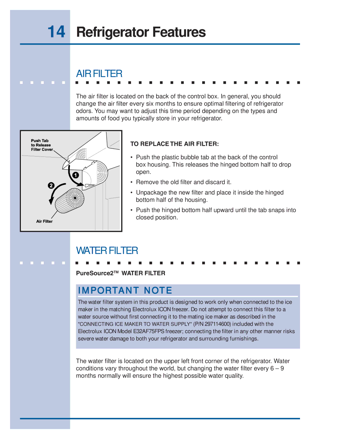 Electrolux Refrigerator manual Water Filter, To Replace the AIR Filter 