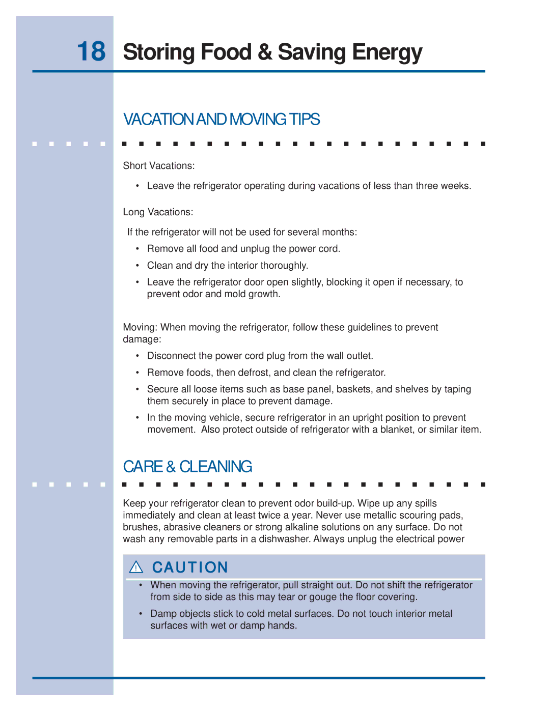 Electrolux Refrigerator manual Vacation and Moving Tips, Care & Cleaning 