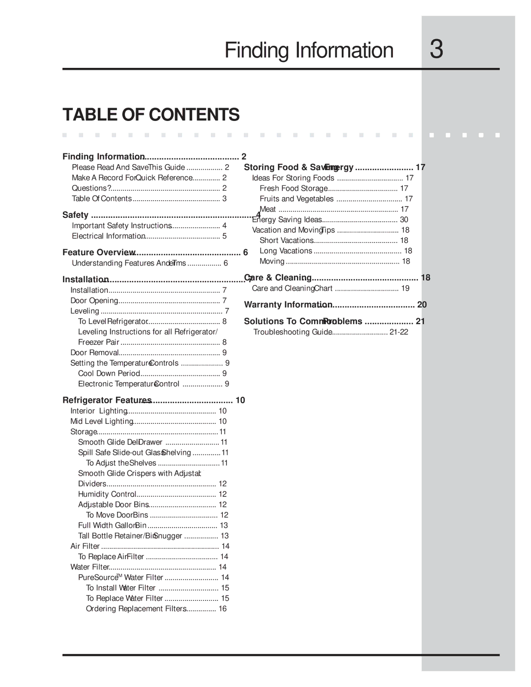 Electrolux Refrigerator manual Table of Contents 