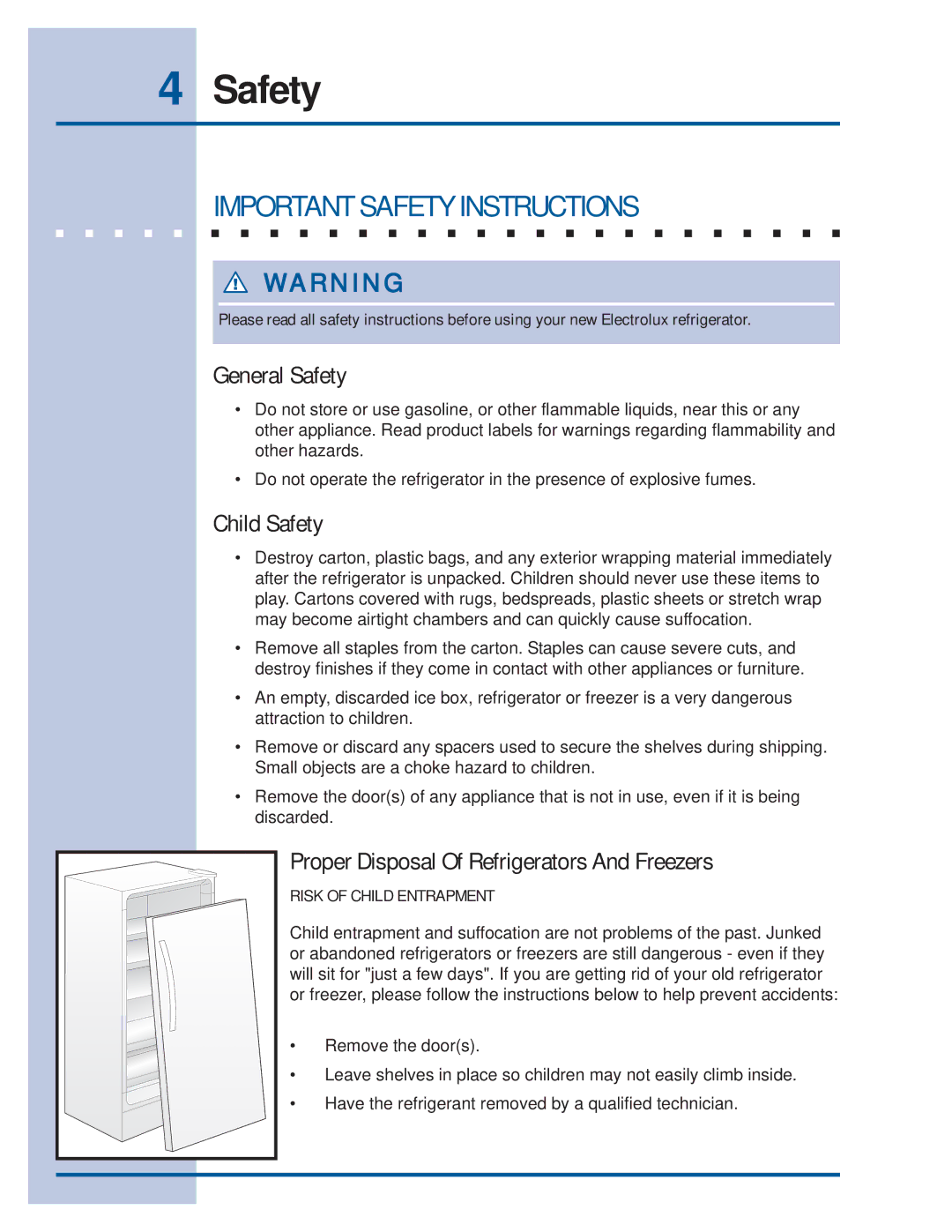 Electrolux Refrigerator manual Important Safety Instructions, General Safety, Child Safety 