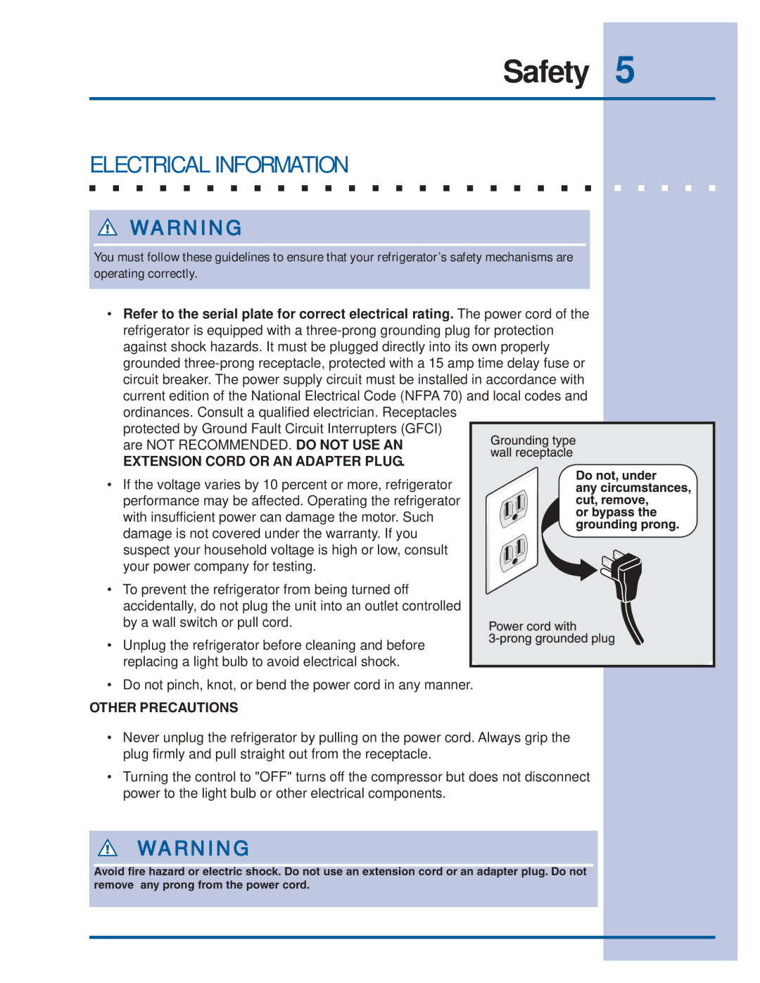 Electrolux Refrigerator manual Electrical Information, Extension Cord or AN Adapter Plug, Other Precautions 