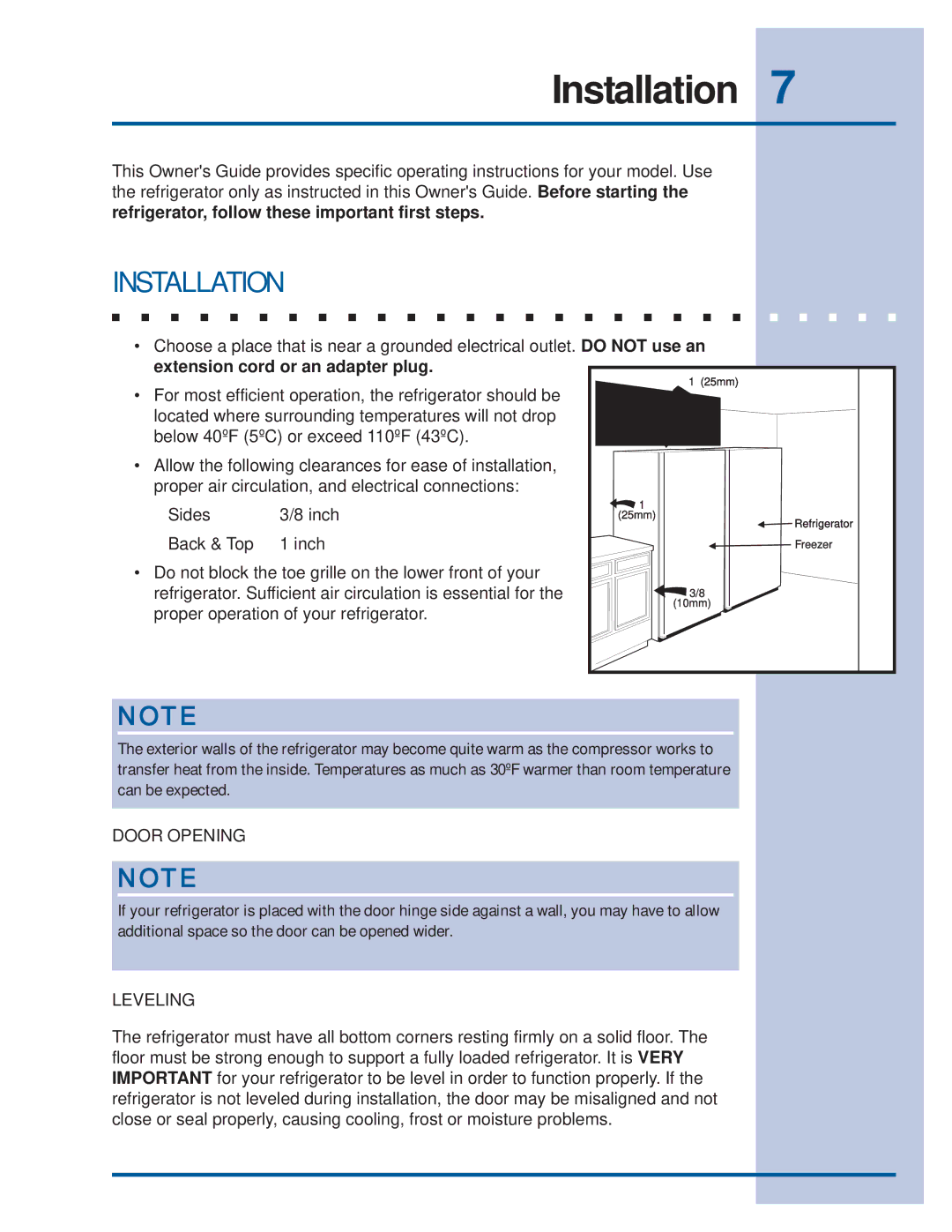 Electrolux Refrigerator manual Installation, Door Opening, Leveling 