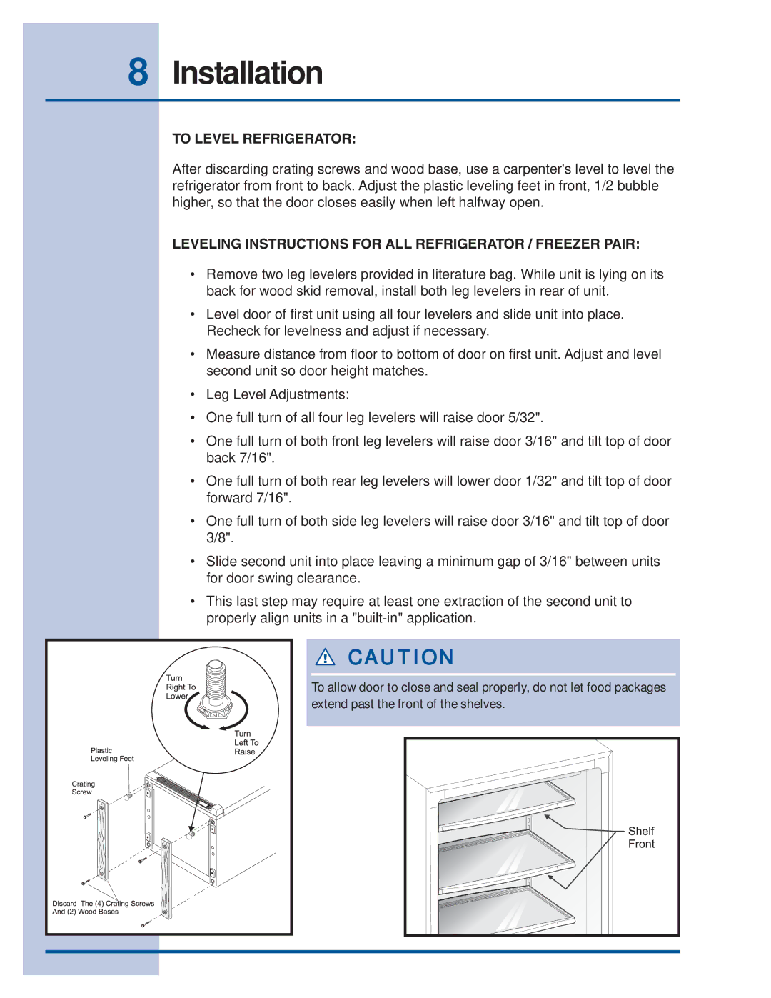 Electrolux manual To Level Refrigerator, Leveling Instructions for ALL Refrigerator / Freezer Pair 