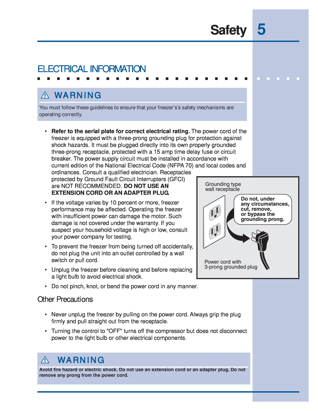 Electrolux Refrigerator manual Other Precautions, Safety, Electrical Information 