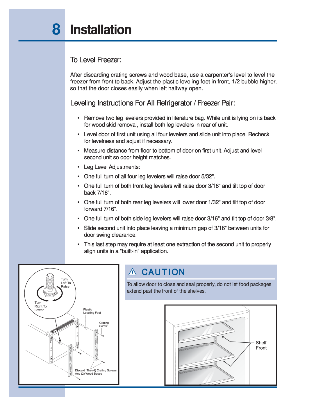 Electrolux manual To Level Freezer, Leveling Instructions For All Refrigerator / Freezer Pair, Installation 