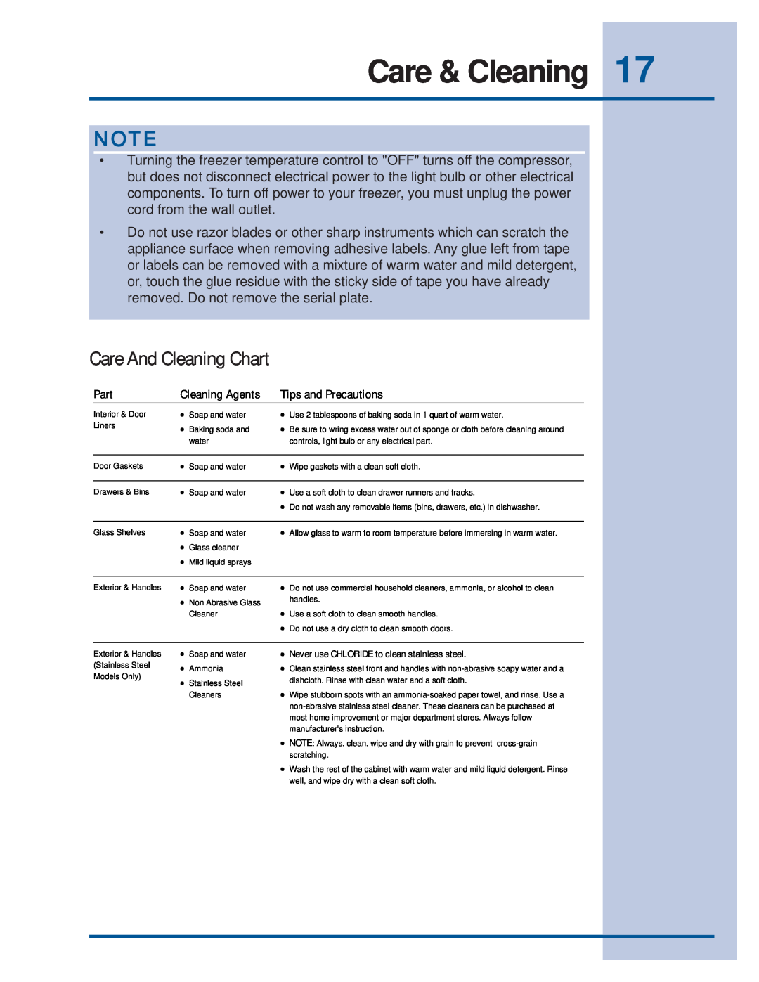 Electrolux Refrigerator manual Care And Cleaning Chart, Care & Cleaning 