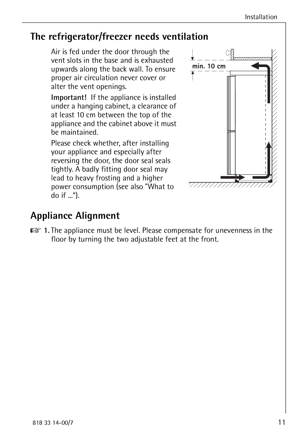 Electrolux Refrigerator/Freezer manual Refrigerator/freezer needs ventilation, Appliance Alignment 