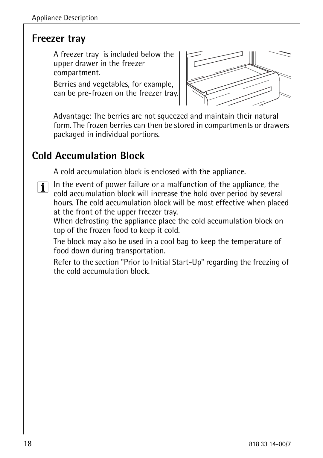 Electrolux Refrigerator/Freezer manual Freezer tray, Cold Accumulation Block 