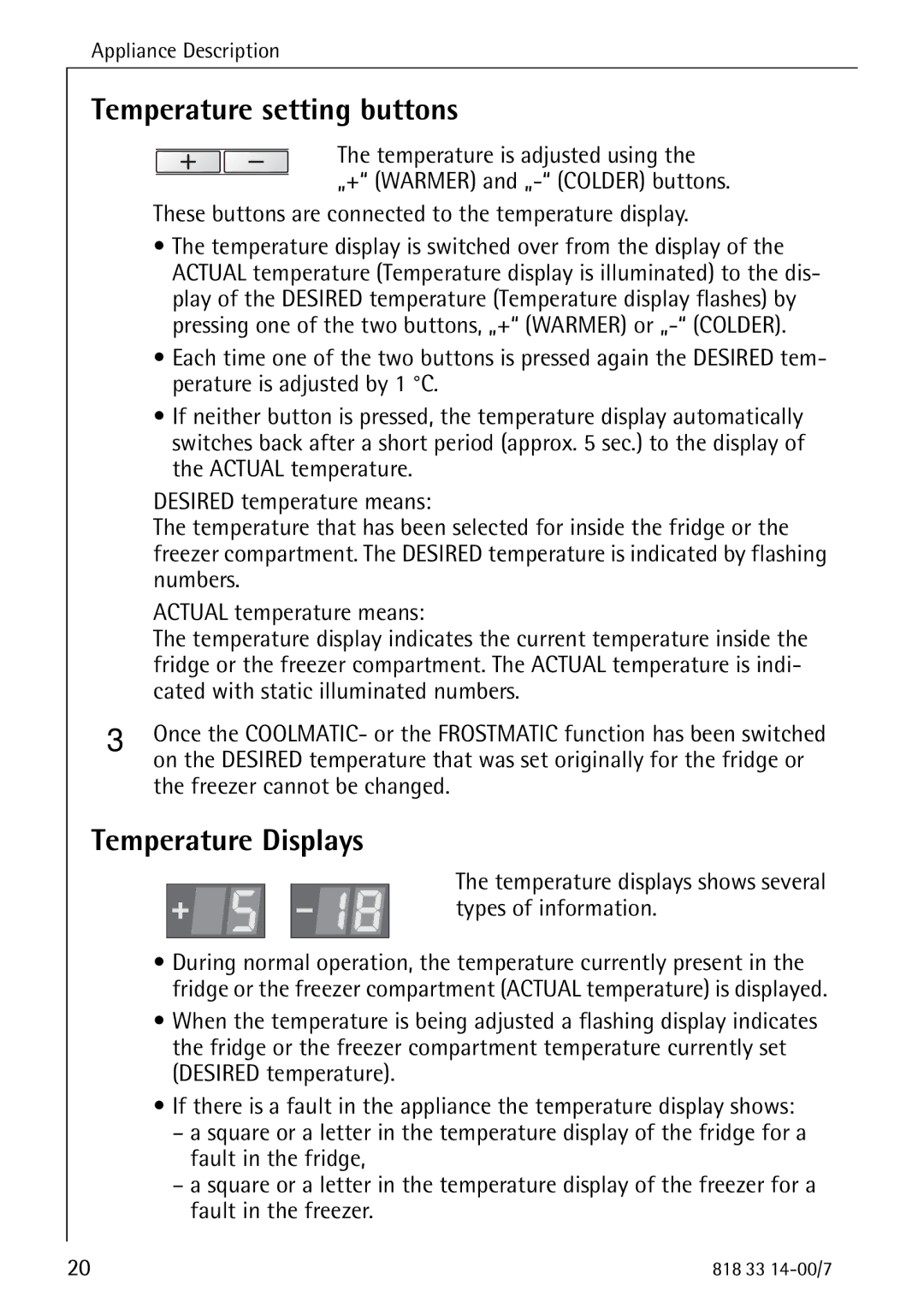 Electrolux Refrigerator/Freezer manual Temperature setting buttons, Temperature Displays 