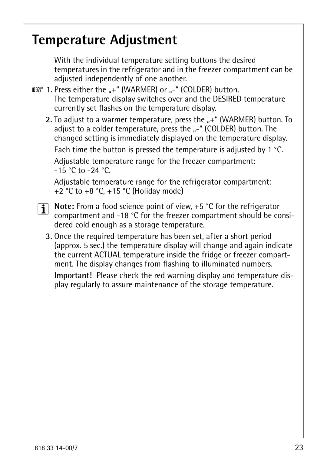 Electrolux Refrigerator/Freezer manual Temperature Adjustment 