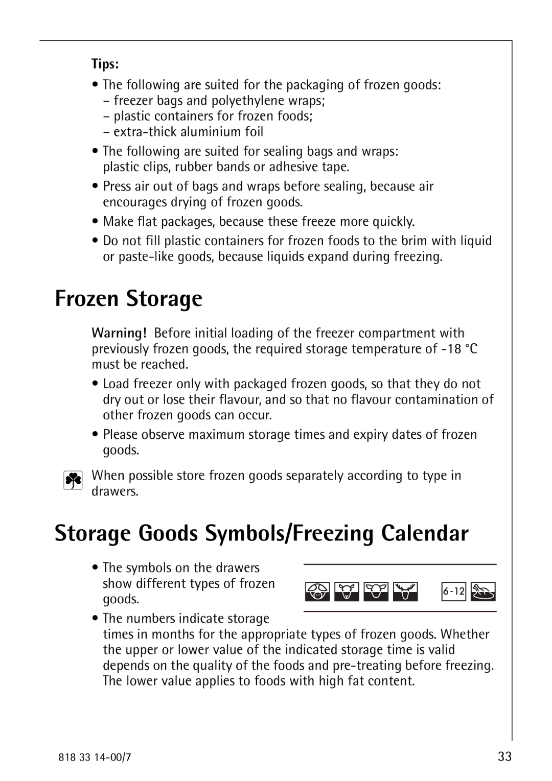 Electrolux Refrigerator/Freezer manual Frozen Storage, Storage Goods Symbols/Freezing Calendar, Tips 