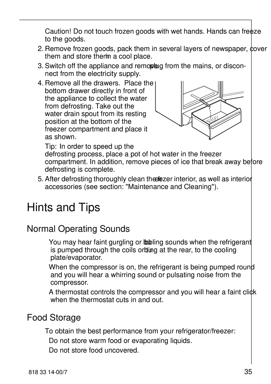 Electrolux Refrigerator/Freezer manual Hints and Tips, Normal Operating Sounds, Food Storage 