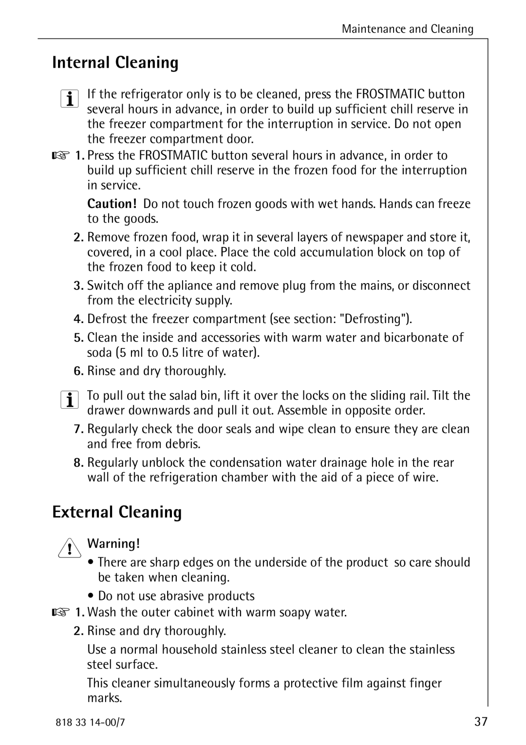 Electrolux Refrigerator/Freezer manual Internal Cleaning, External Cleaning 