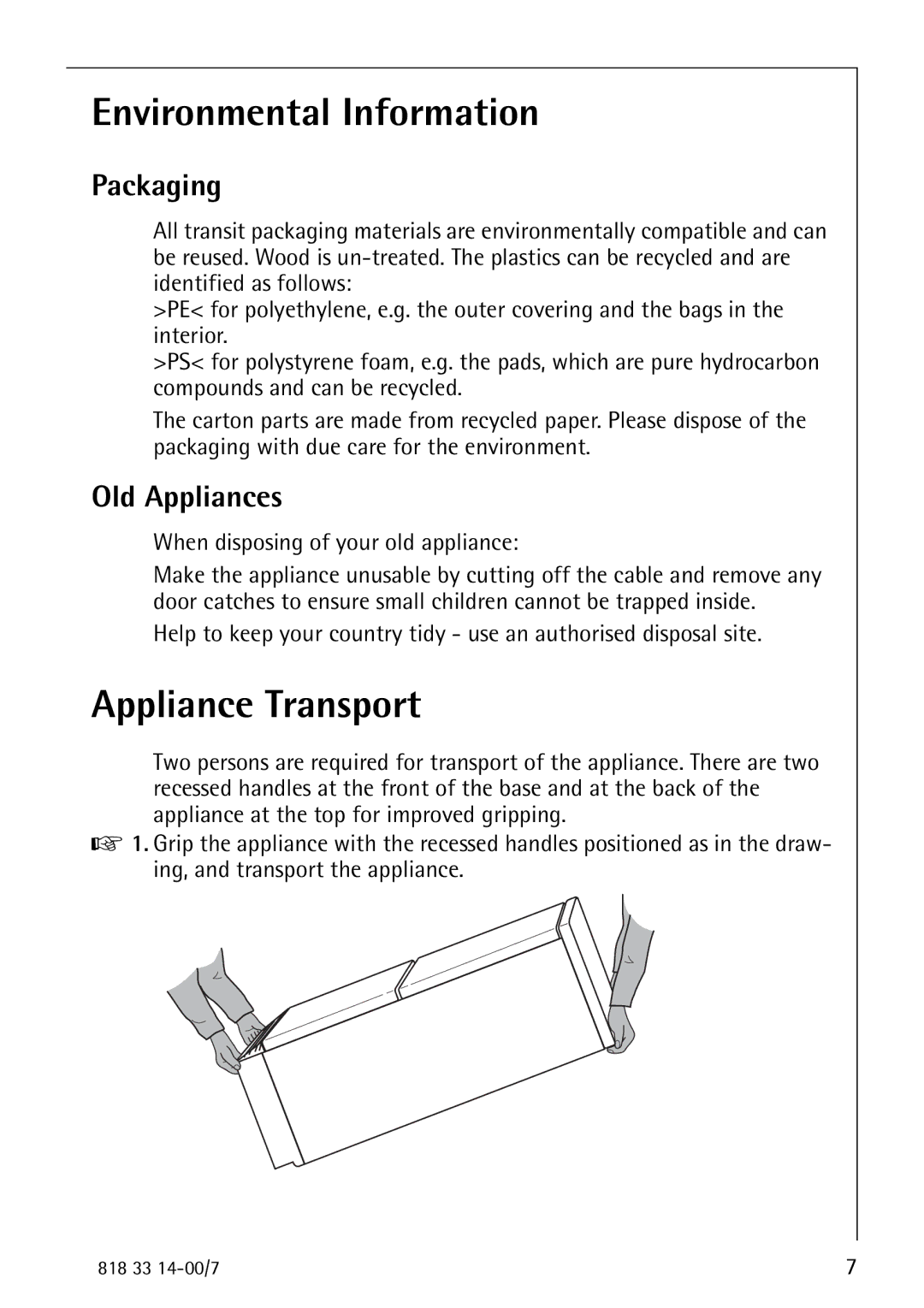 Electrolux Refrigerator/Freezer manual Environmental Information, Appliance Transport, Packaging, Old Appliances 