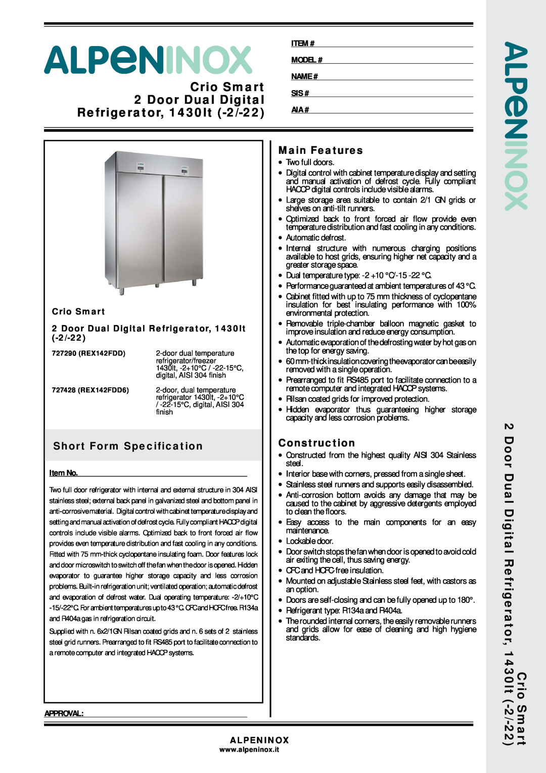 Electrolux REX142FDD manual Crio Smart, Door Dual Digital, Refrigerator, 1430lt -2/-22, Main Features, Construction 
