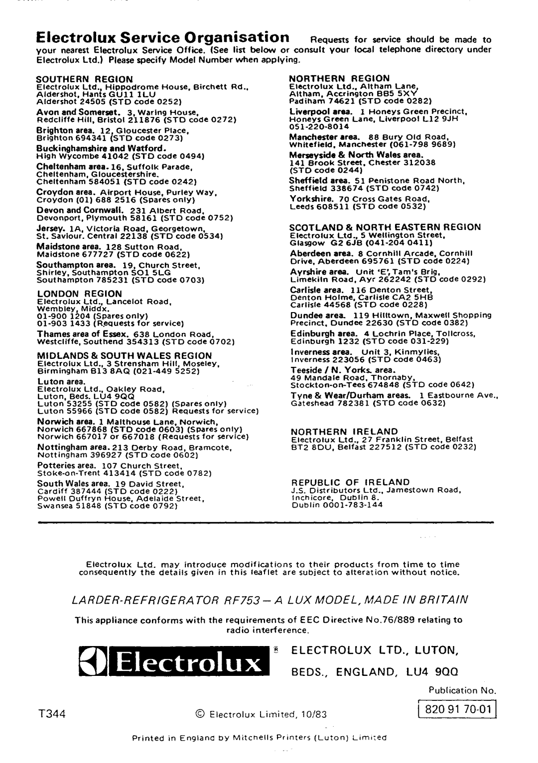 Electrolux RF753 manual 