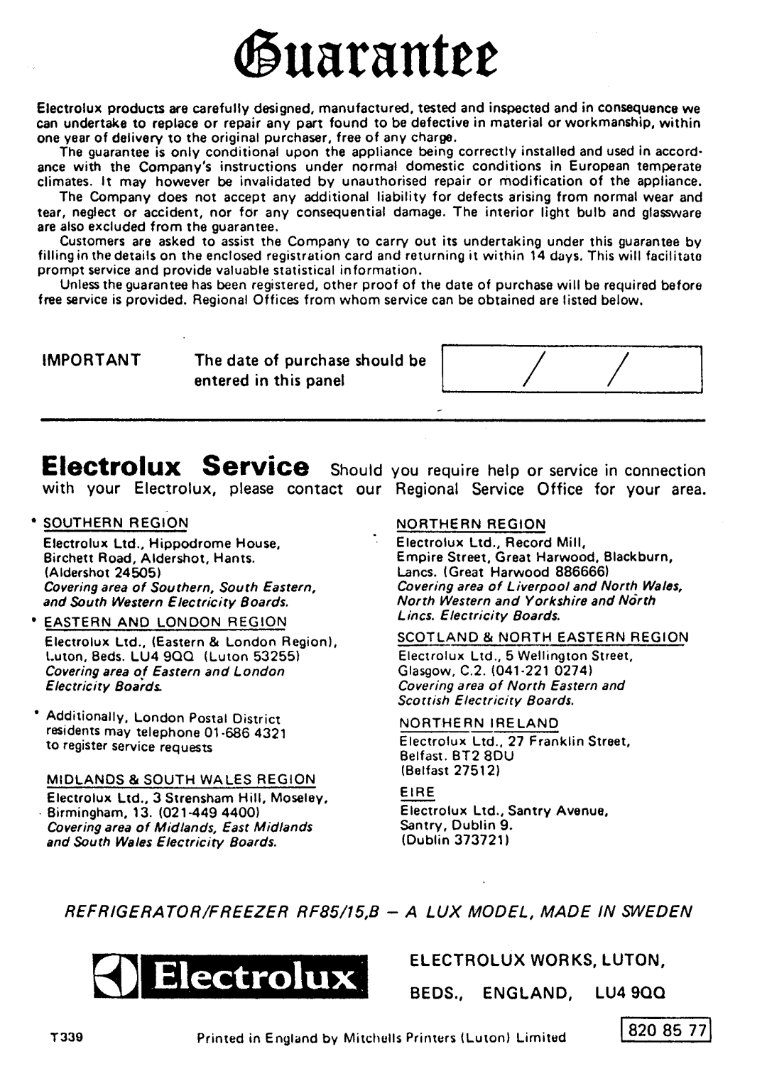 Electrolux RF85/15 manual 