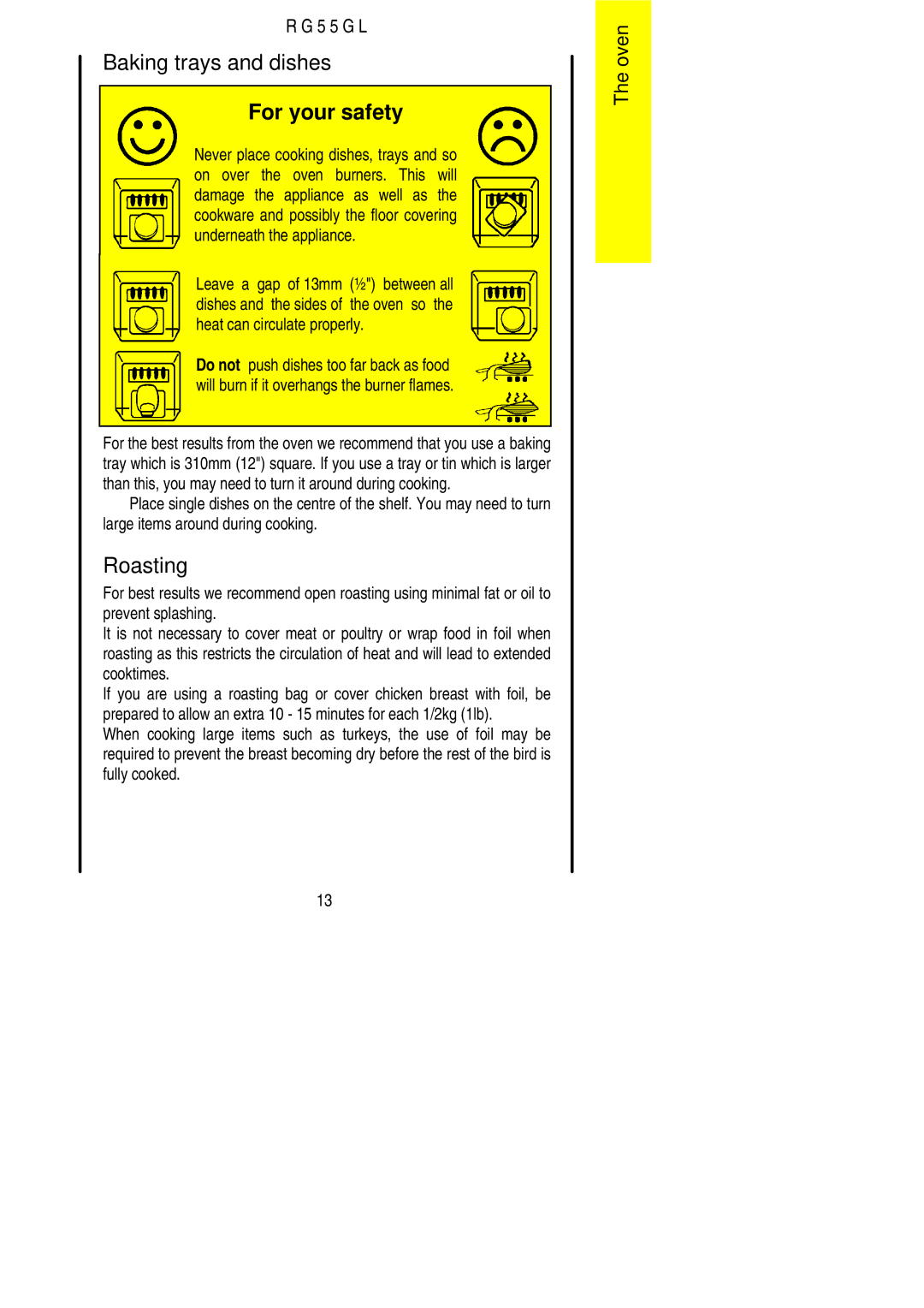 Electrolux RG55GL installation instructions Baking trays and dishes, Roasting 