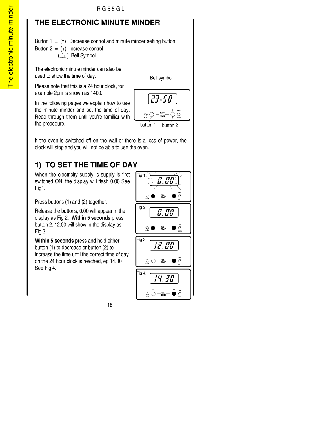 Electrolux RG55GL Increase control, Bell Symbol, Fig1 Press buttons 1 and 2 together, Button 1 to decrease or button 2 to 