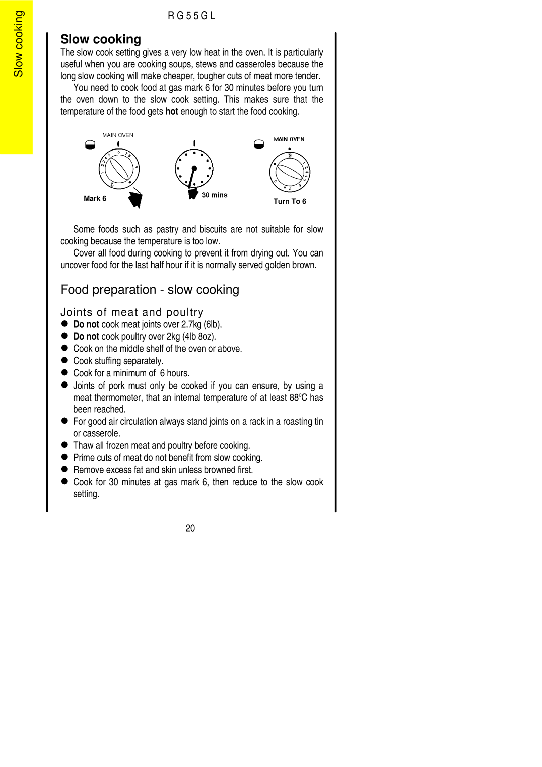 Electrolux RG55GL installation instructions Slow cooking, Food preparation slow cooking 