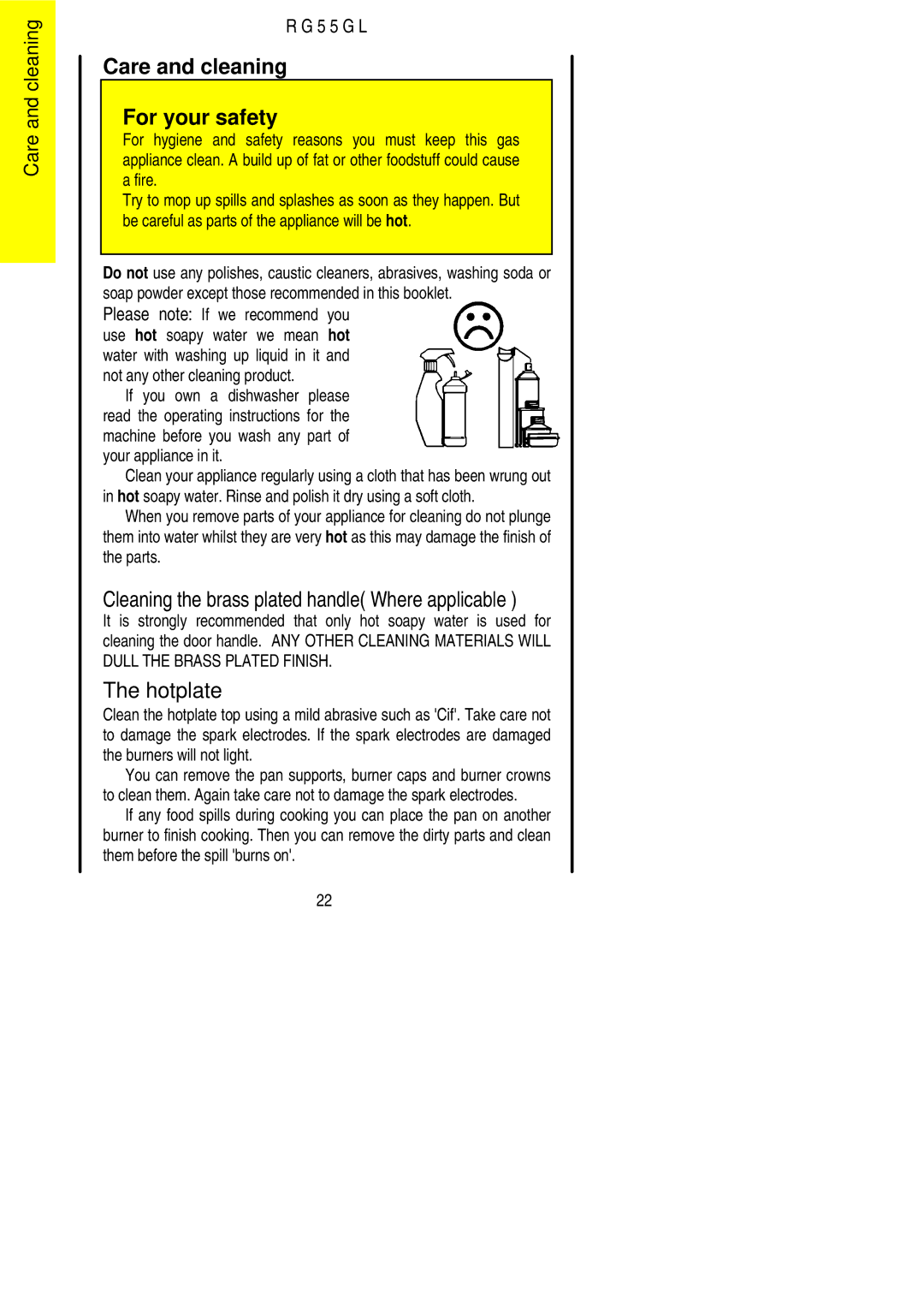 Electrolux RG55GL Care and cleaning For your safety, Cleaning the brass plated handle Where applicable, Hotplate 