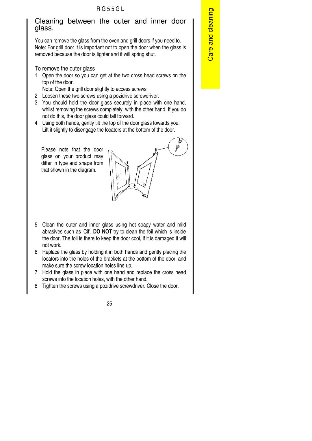 Electrolux RG55GL installation instructions Cleaning between the outer and inner door glass, To remove the outer glass 