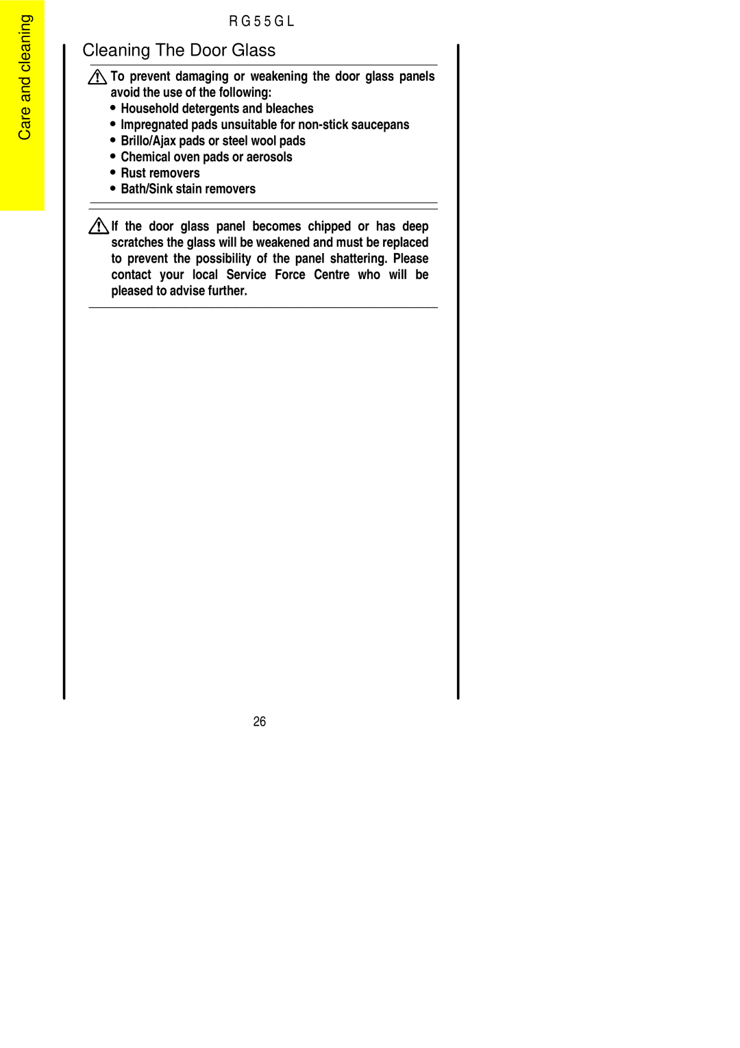 Electrolux RG55GL installation instructions Cleaning The Door Glass 