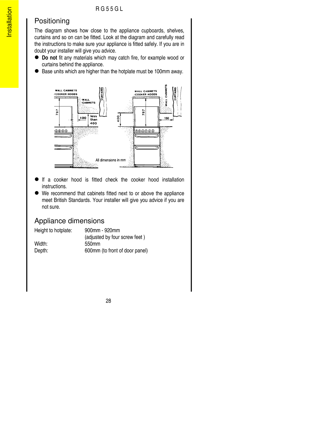 Electrolux RG55GL Positioning, Appliance dimensions, Height to hotplate 900mm 920mm, Width 550mm Depth 