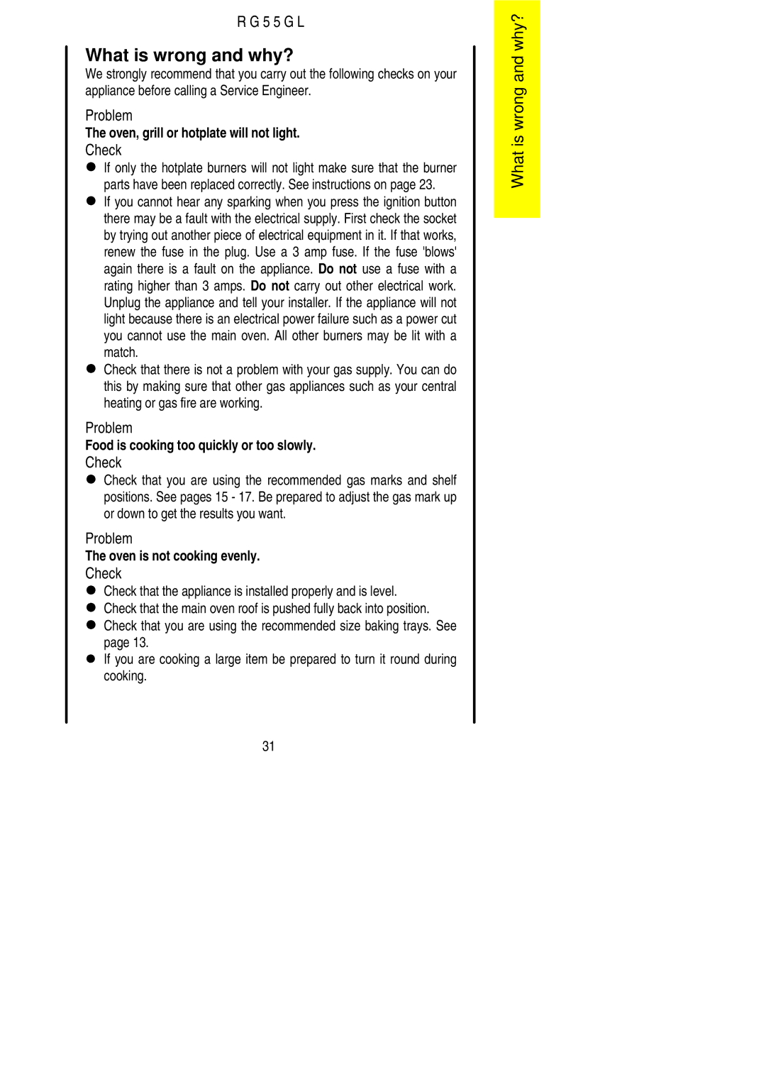 Electrolux RG55GL installation instructions What is wrong and why?, Check 